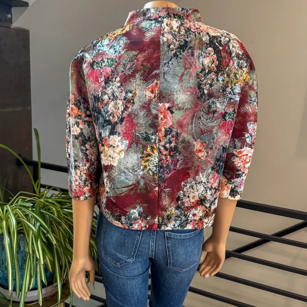 Vintage Blue Les Copains Jacquard Crop Floral Evening Jacket, Size US 8 / M / 44